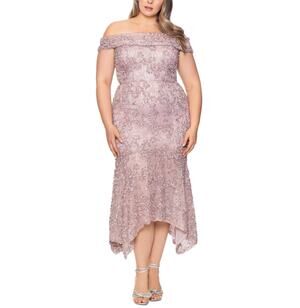 XSCAPE Taupe Purple Sequin Lace Off the Shoulder High Low Formal Dress Size 18W